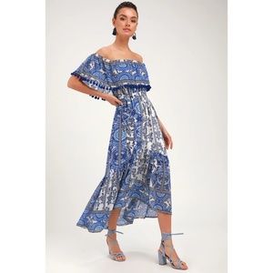 Lulu's De La Sol Blue and White Print Off-the-Shoulder Midi Dress, Size S